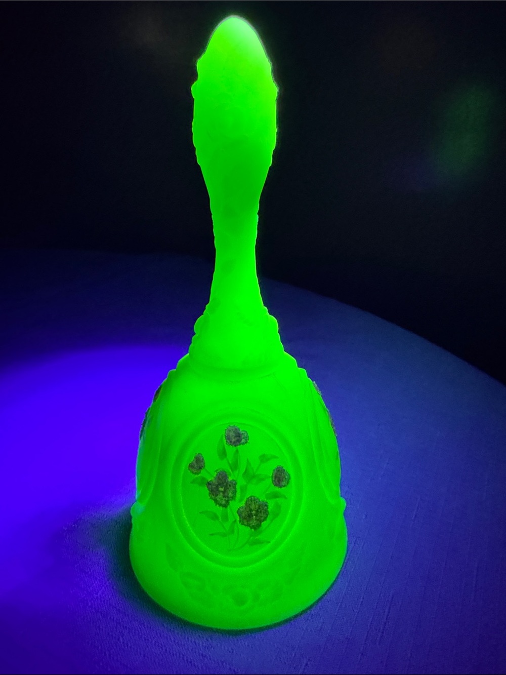 Fenton Bell Uranium Satin Glass Hand Painted Pink Blossom Signed L. Fleming
